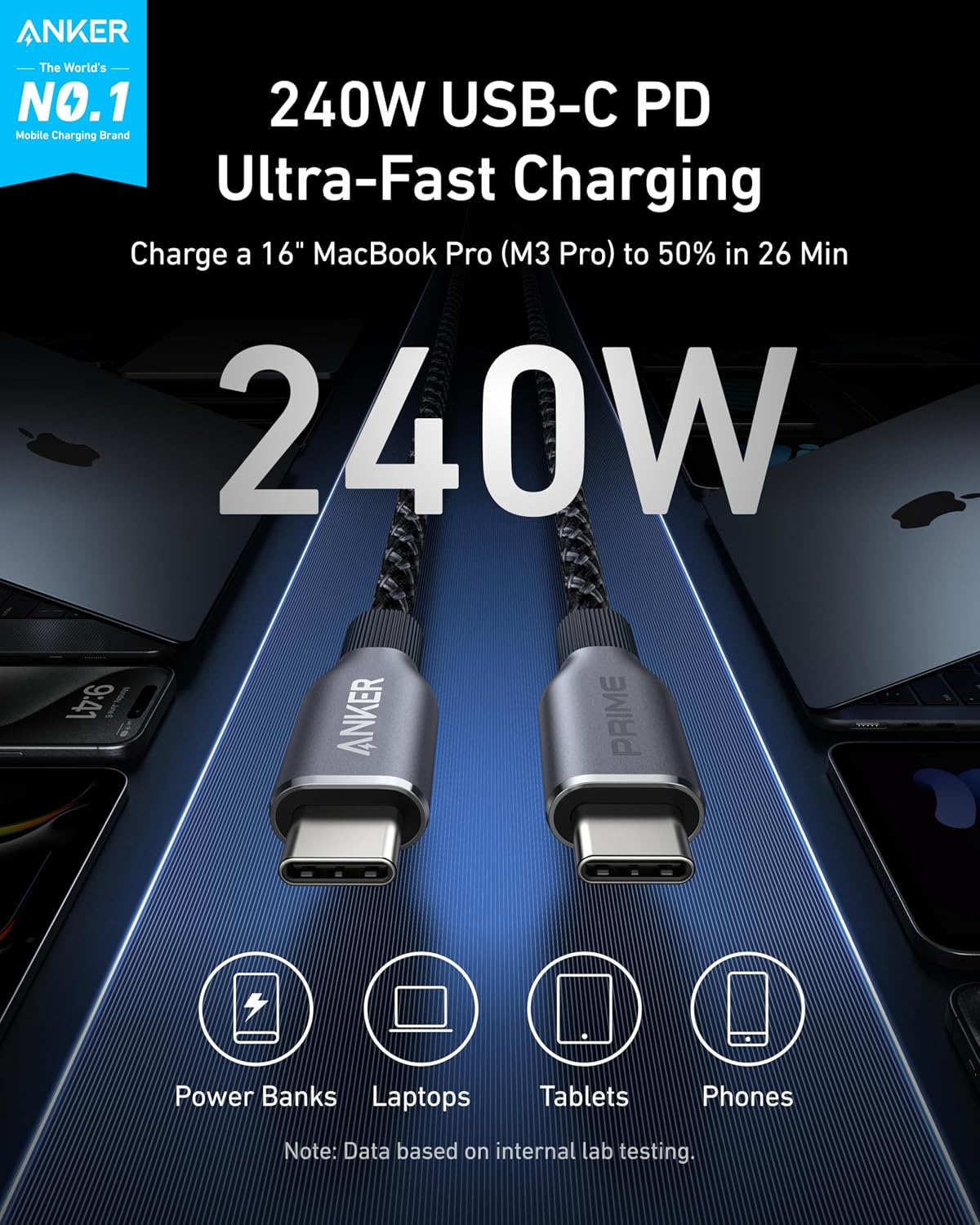 Anker Prime USB-C-auf-USB-C-Daten- und Ladekabel, 240 W, 0,9 m, Schwarz A88E2011