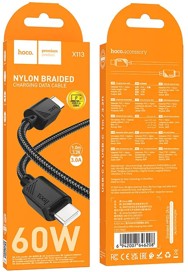 USB-C Daten- und Ladekabel - USB-C HOCO X113, 60W, 1m, Schwarz