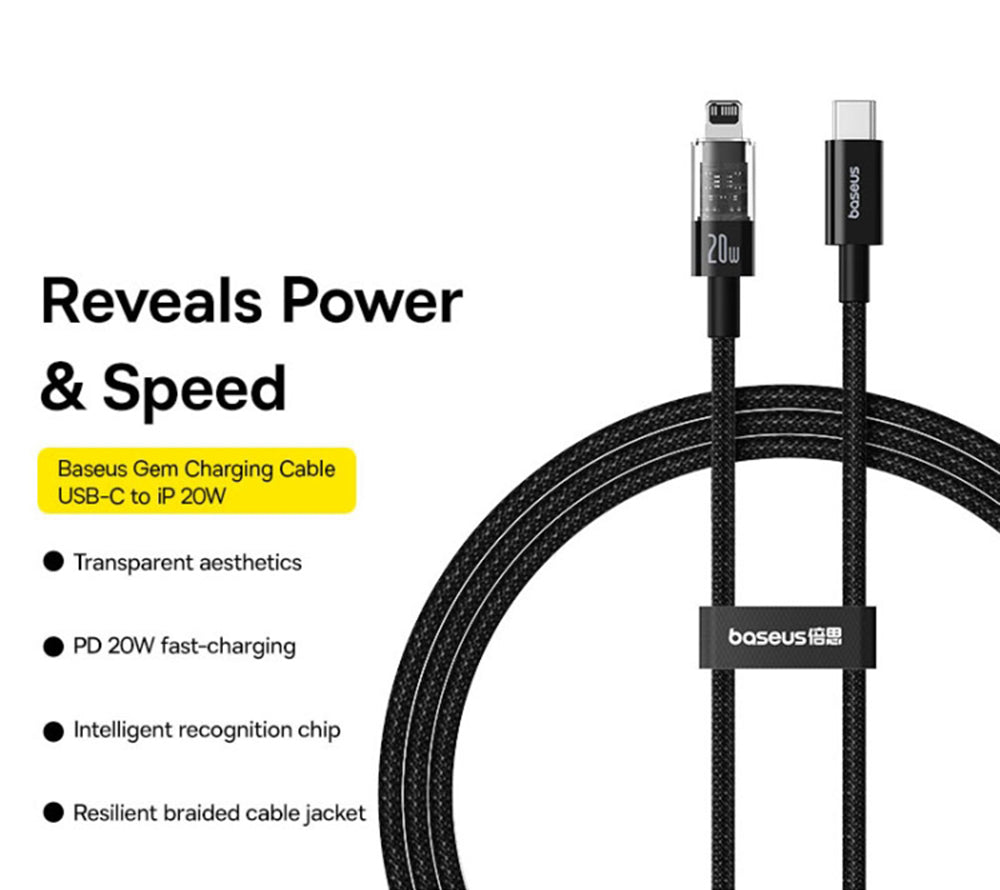 USB-C - Lightning Daten- und Ladekabel Baseus Gem, 20W, 1m, Schwarz P10373001111-00