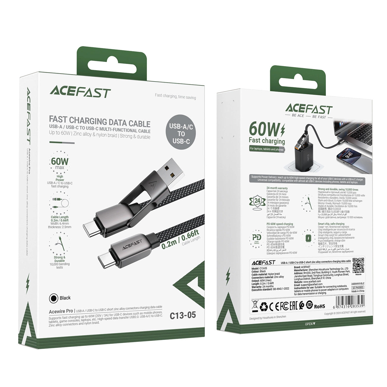 Daten- und Ladekabel USB-C - USB-A / USB-C Acefast C13-05, 60W, 0.2m, Schwarz