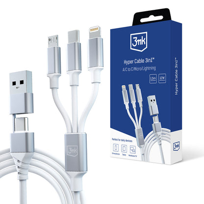 USB-A / USB-C to Lightning / microUSB / USB-C 3MK Hyper 3in1 Charging Cable, 12W, 1.5m, White