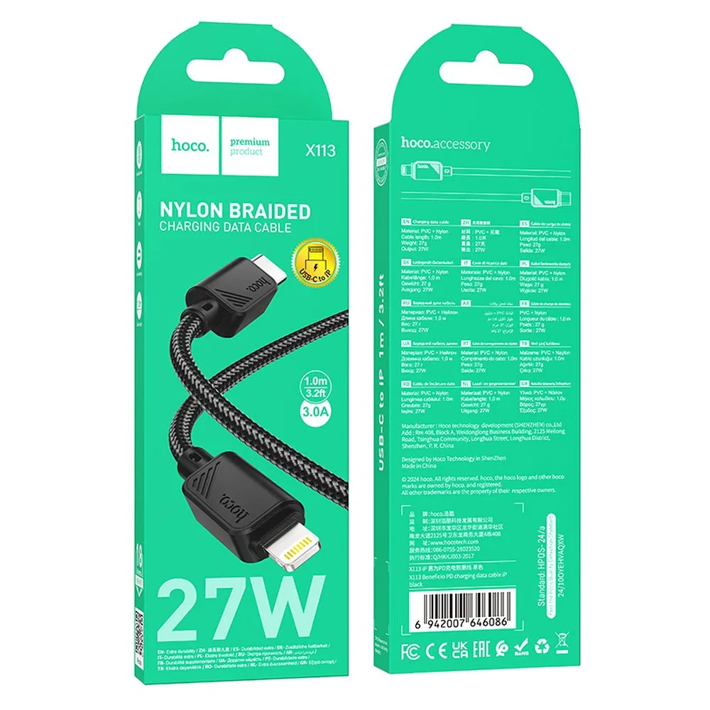 Daten- und Ladekabel USB-C - Lightning HOCO X113, 27W, 1m, Schwarz