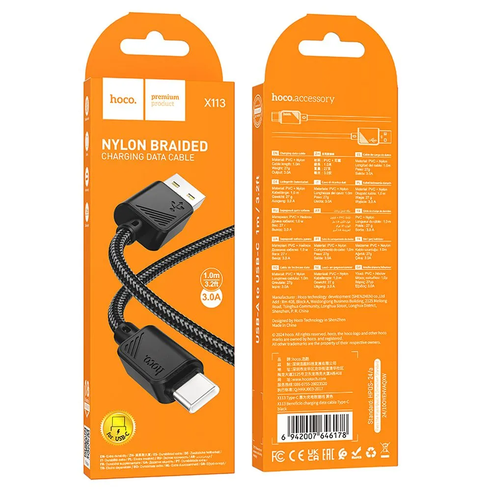 Daten- und Ladekabel USB-A - USB-C HOCO X113, 18W, 1m, Schwarz