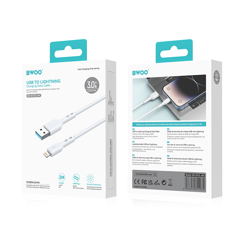 Daten- und Ladekabel USB-A - Lightning BWOO BO-X172L-2M, 15W, 2m, Weiß