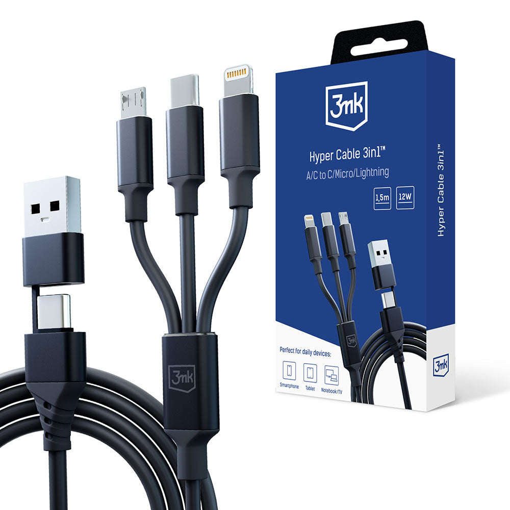 USB-A / USB-C – Lightning / microUSB / USB-C 3MK Hyper-Ladekabel, 12 W, 1,5 m, Schwarz