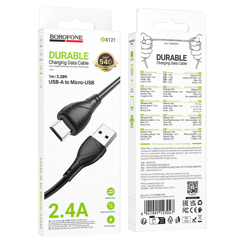 Daten- und Ladekabel USB-A - microUSB Borofone BX121 Energy, 18W, 1m, Schwarz