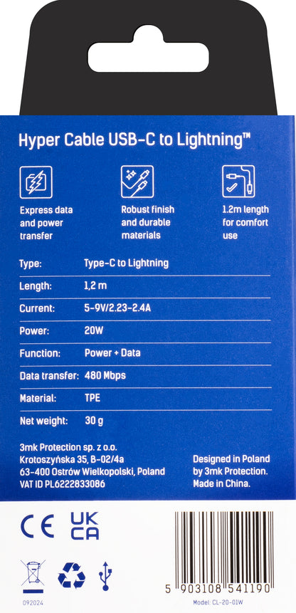 Daten- und Ladekabel USB-C – Lightning 3MK Hyper, 20 W, 1,2 m, Weiß