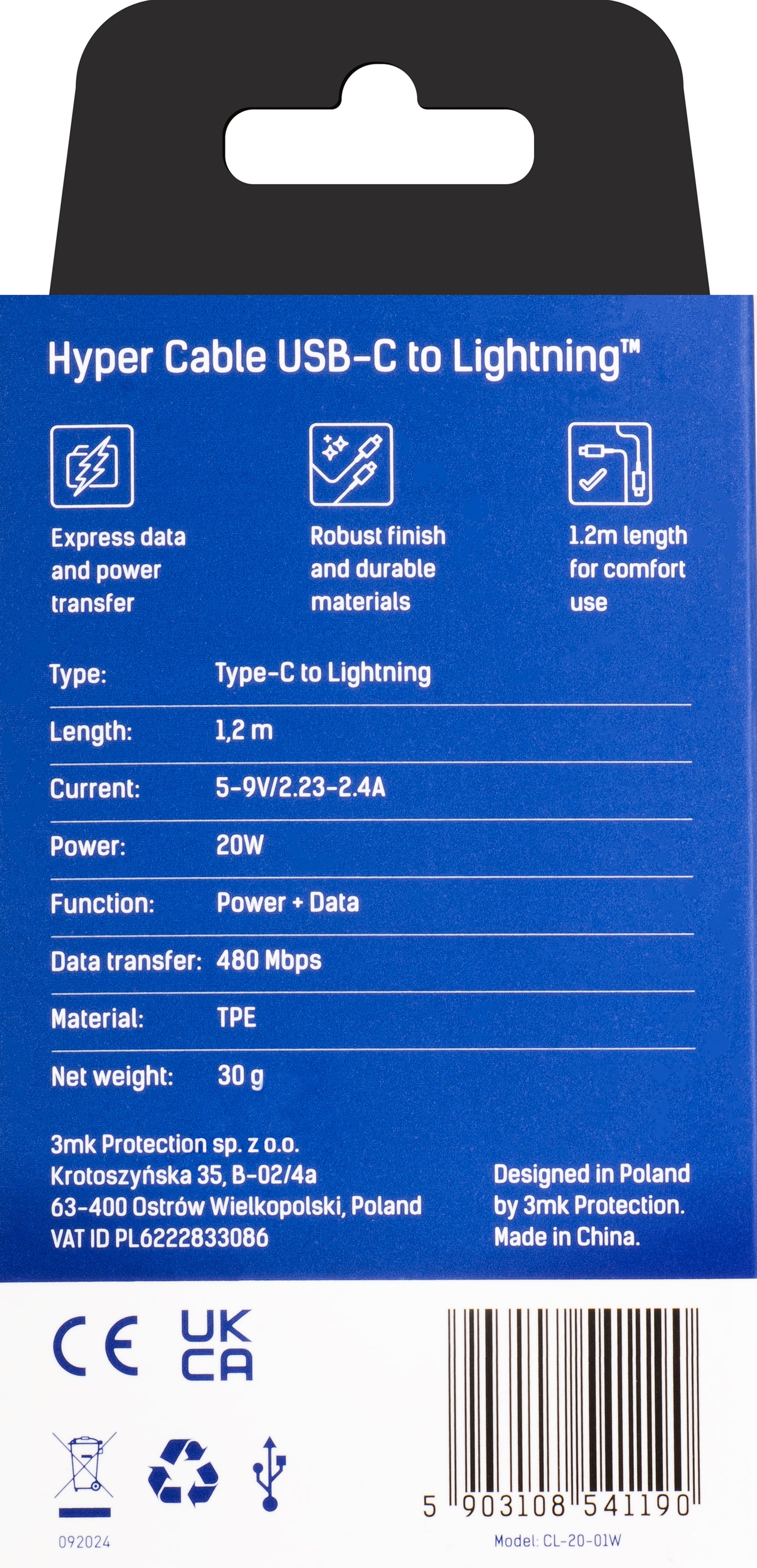 Daten- und Ladekabel USB-C - Lightning 3MK Hyper, 20W, 1,2m, Weiß