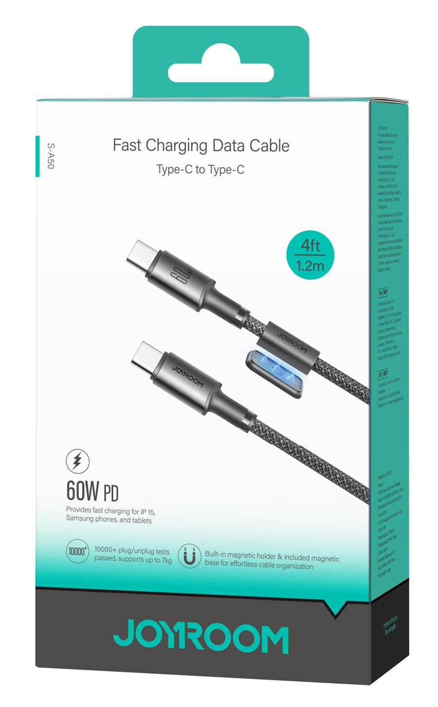 USB-C Data and Charging Cable - USB-C Joyroom S-A50, 60W, 1.2m, Gray