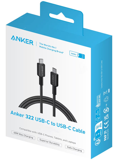USB-C Daten- und Ladekabel - USB-C Anker 322, 60W, 0.9m, Schwarz A81F5G11