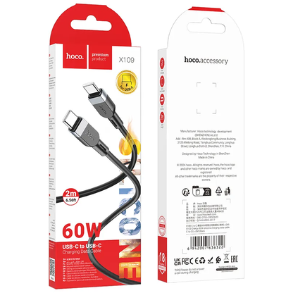 USB-C Data and Charging Cable - USB-C HOCO X109, 60W, 2m, Black