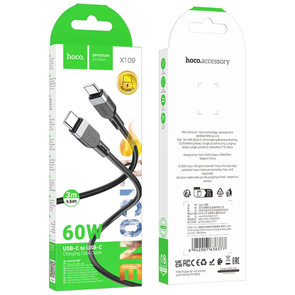 USB-C Data and Charging Cable - USB-C HOCO X109, 60W, 3m, Black