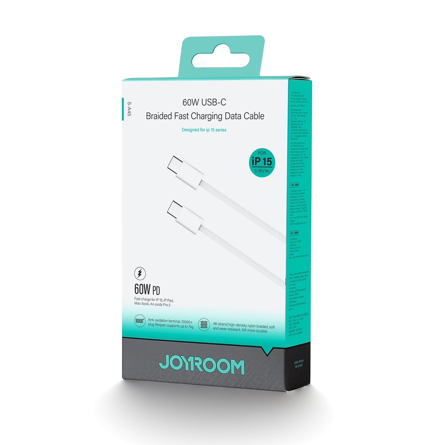USB-C Daten- und Ladekabel - USB-C Joyroom S-A45, 60W, 1m, Weiß 