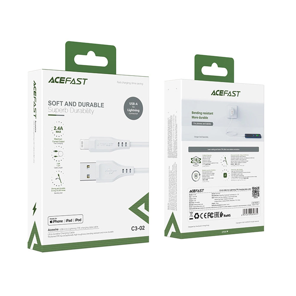 USB-A to Lightning Data and Charging Cable Acefast C3-02, 18W, 1.2m, White