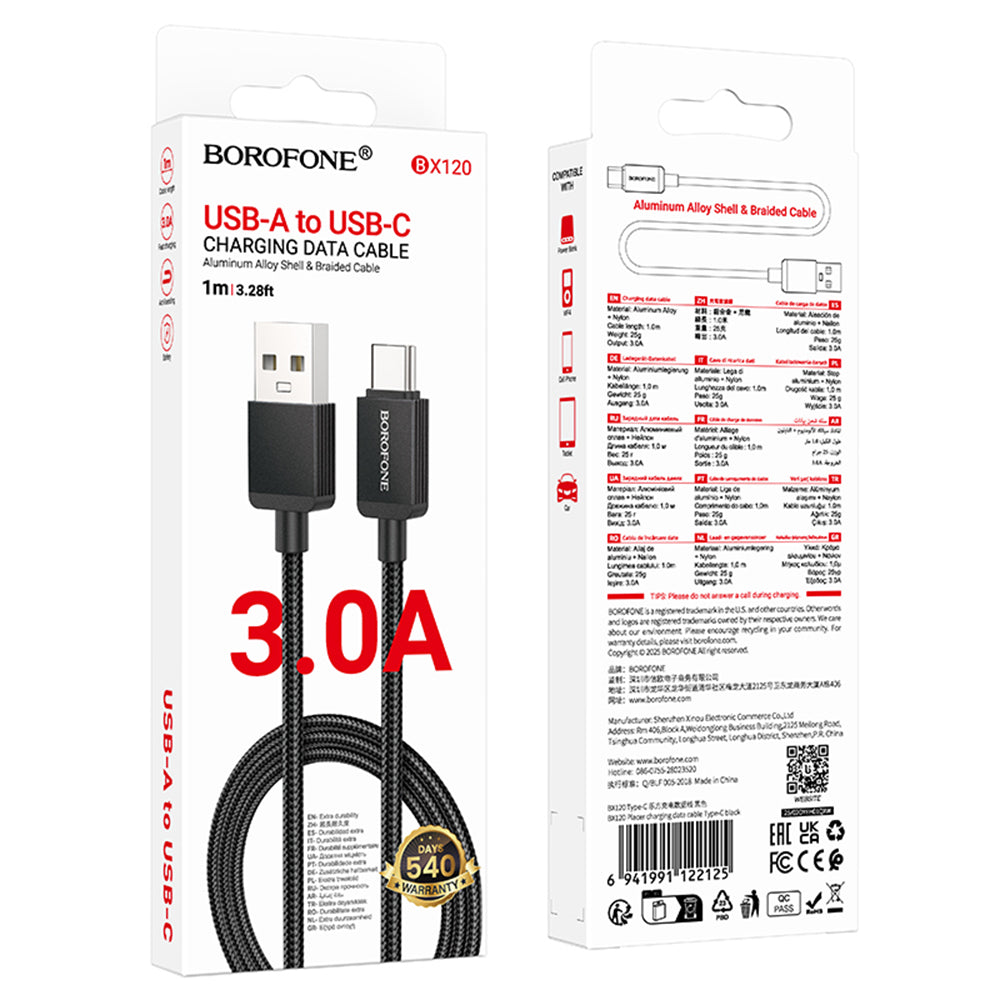 Daten- und Ladekabel USB-A - USB-C Borofone BX120 Placer, 18W, 1m, Schwarz