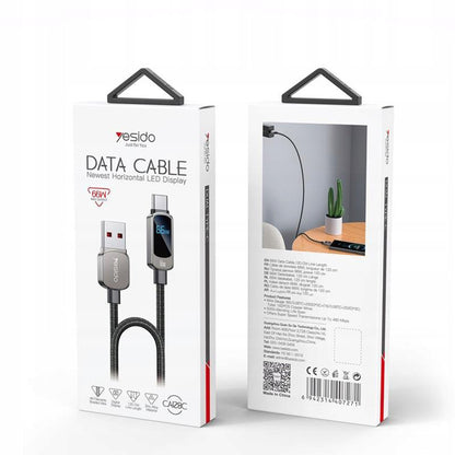 USB-A to USB-C Data and Charging Cable Yesido CA128C Display, 66W, 1.2m, Black