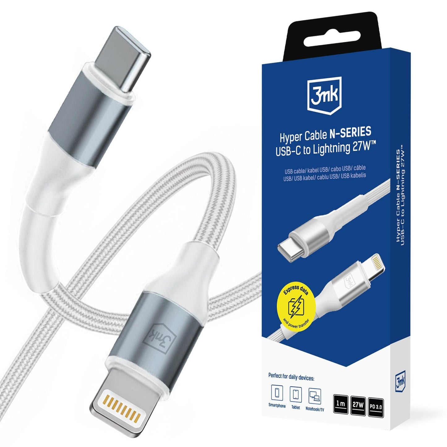USB-C - Lightning Daten- und Ladekabel 3MK Hyper N, 27W, 1m, Weiß