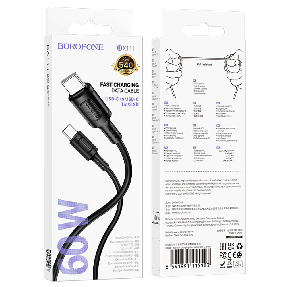 USB-C Daten- und Ladekabel - USB-C Borofone BX111 Feliz, 60W, 1m, Schwarz