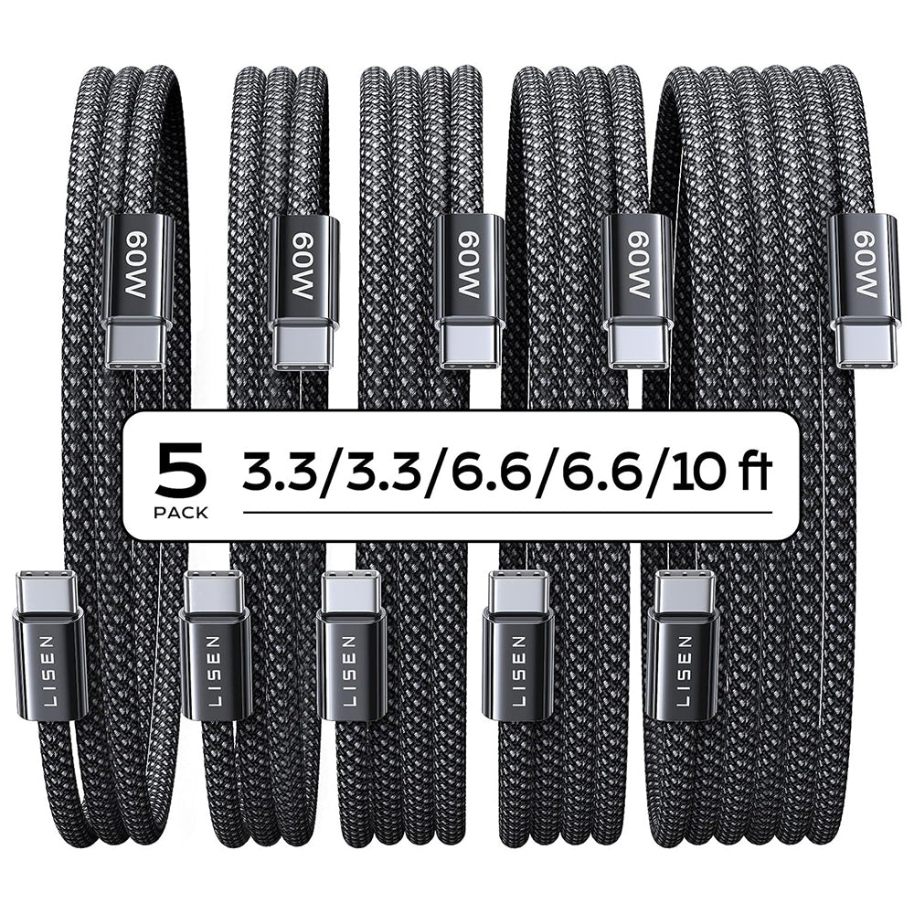 Daten- und Ladekabel USB-C - USB-C Lisen, 60W, Set 5 Stück (2 x 1m, 2 x 2m, 1 x 3m), Schwarz YL0123070010