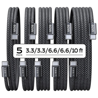 Daten- und Ladekabel USB-C - USB-C Lisen, 60W, Set 5 Stück (2 x 1m, 2 x 2m, 1 x 3m), Schwarz YL0123070010