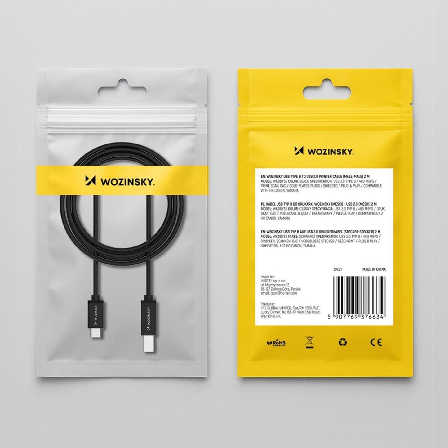 Druckerkabel WZK WKDDY2S, USB-C - USB-B, 2m, Schwarz