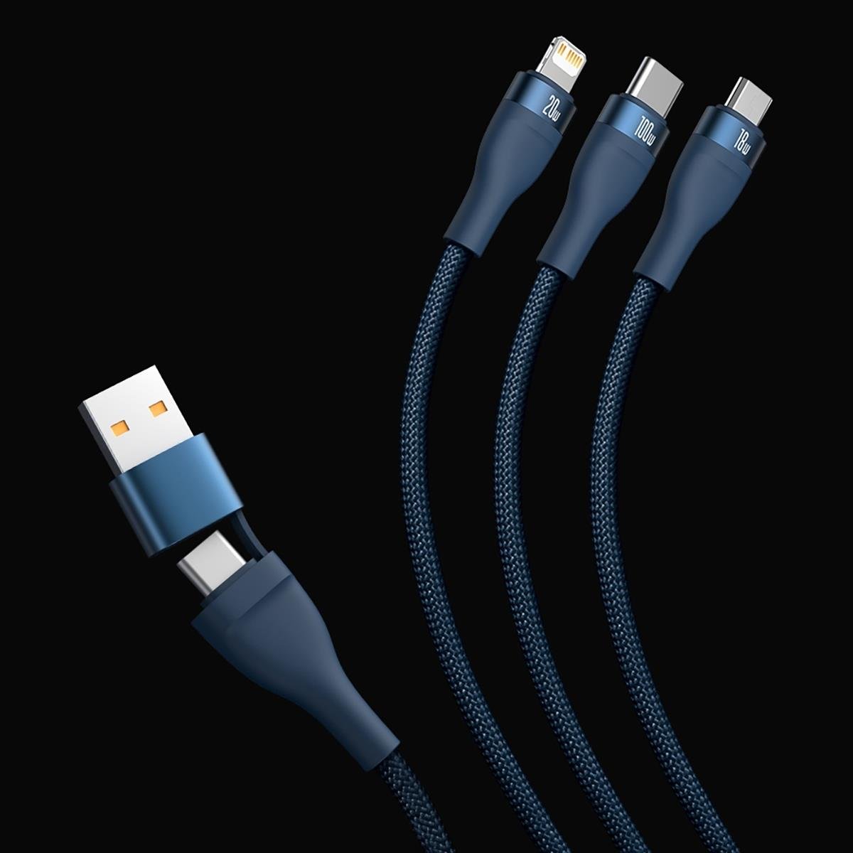 USB-C / USB-A Ladekabel - Lightning / microUSB / USB-C Baseus Flash Series II, 100W, 1,2m, Marineblau CASS030103