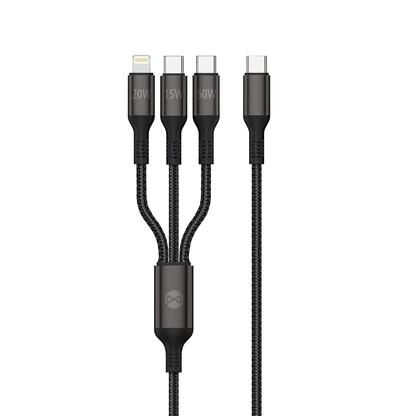 USB-A – Lightning / 2 x USB-C Forever 3in1 Ladekabel, 60 W, 1,2 m, Schwarz