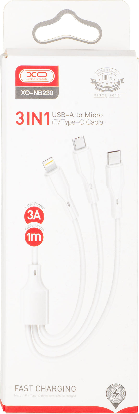 Ladekabel USB-A - Lightning / microUSB / USB-C XO Design NB230 3in1, 20W, 1m, Weiß