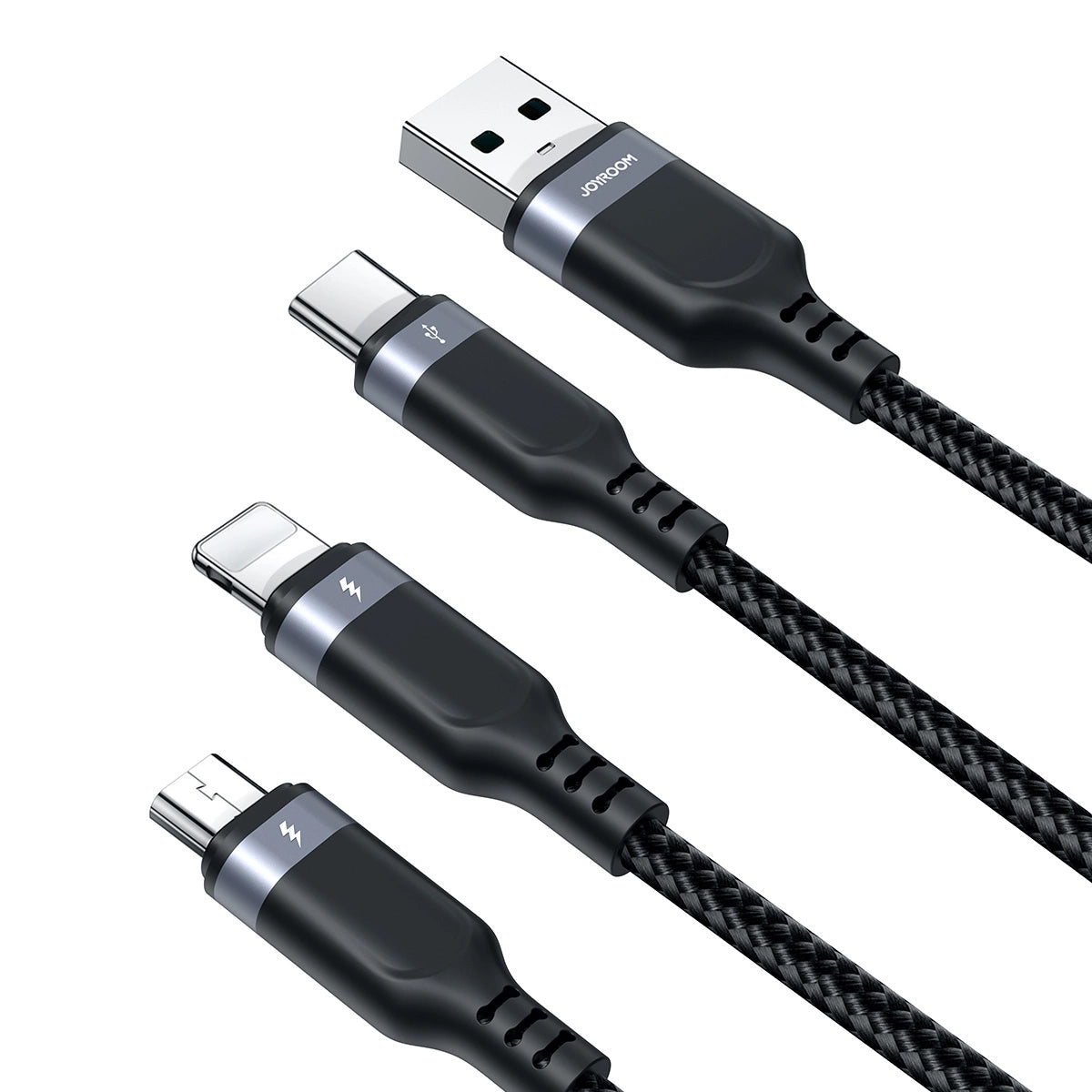 USB-A – Lightning/MicroUSB/USB-C Ladekabel Joyroom S-A18, 18 W, 1,2 m, Schwarz