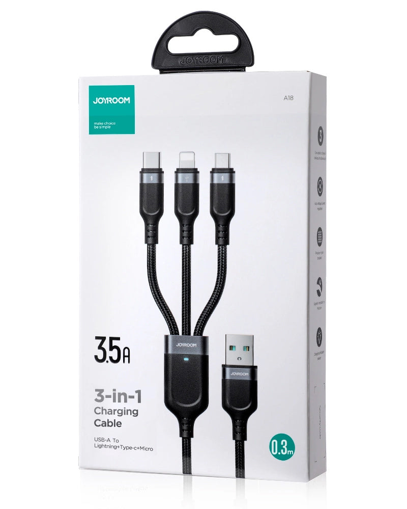 Ladekabel USB-A - Lightning / microUSB / USB-C Joyroom S-A18 3in1, 20W, 0.3m, Schwarz