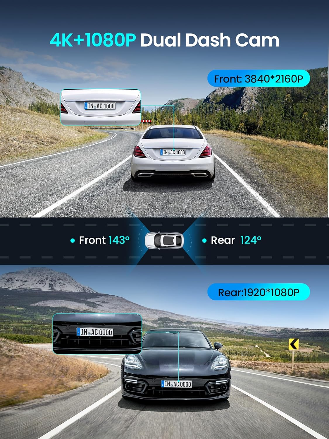 DDPAI Z50 Pro Dual Front and Rear Car Camera, 4K, Wi-Fi, GPS, 3-inch Display