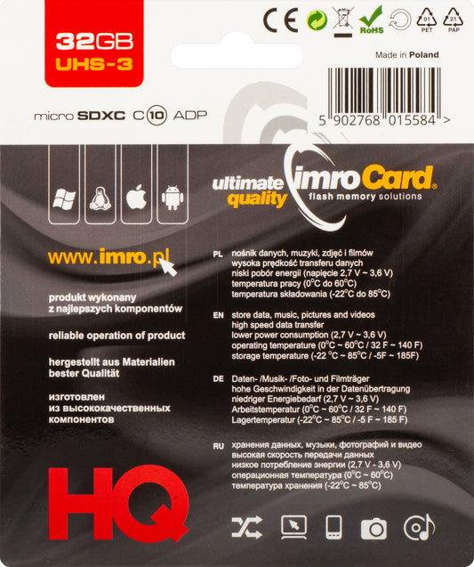 Speicherkarte microSDHC Imro, 32Gb, Klasse 10 / UHS-1 U3, mit Adapter