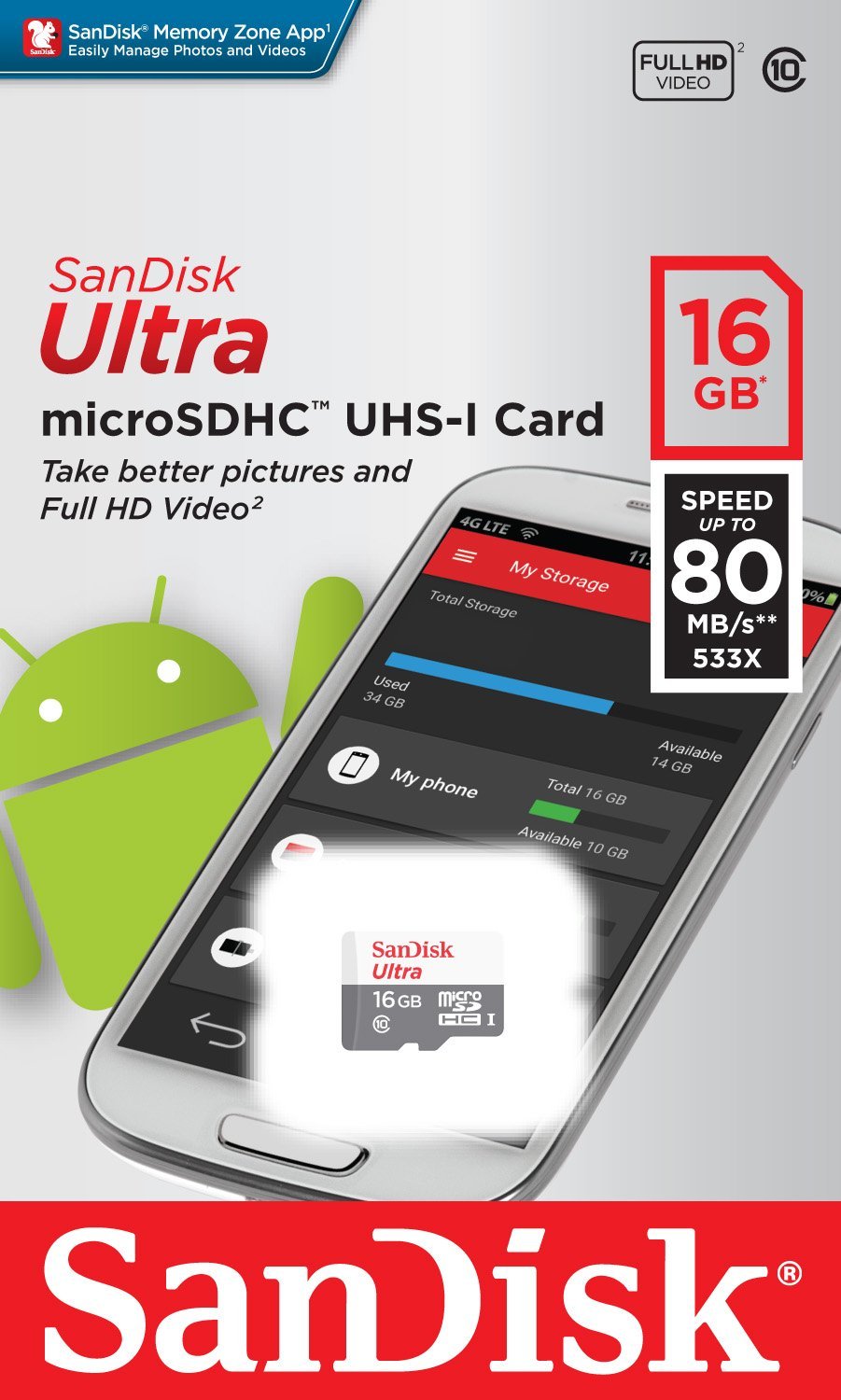 microSDHC SanDisk Ultra Android-Speicherkarte, 16 GB, Klasse 10 / UHS-1 U1 SDSQUNS-016G-GN3MN