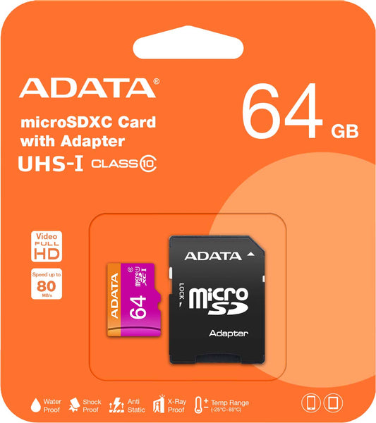 Adata microSDXC Speicherkarte, 64Gb, Klasse 10 / UHS-1 U1, mit Adapter AUSDX64GUICL10-RA1