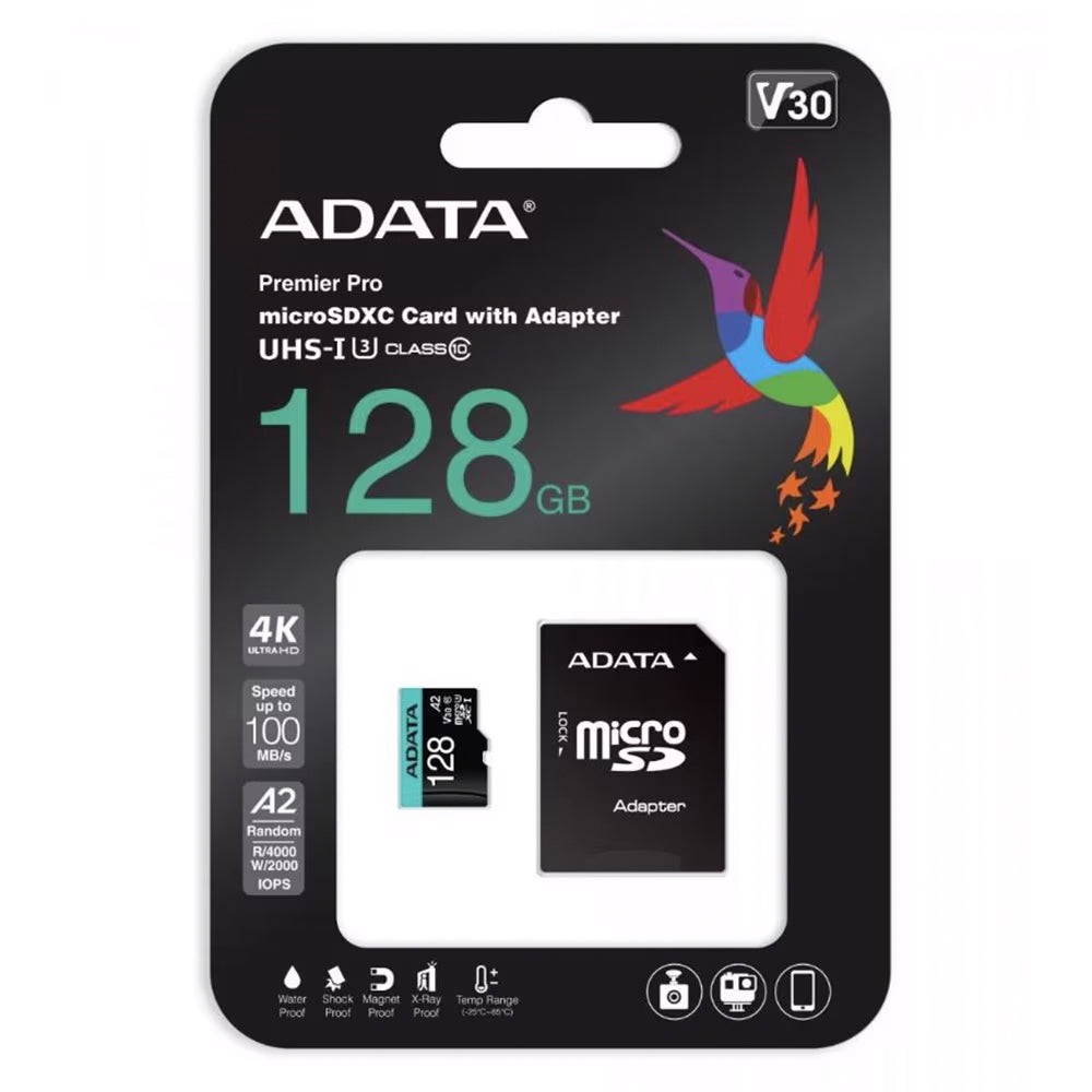 Adata Premier Pro microSDXC Memory Card, 128GB, Class 10 / UHS-1 U3, With Adapter AUSDX128GUI3V30SA2-RA1
