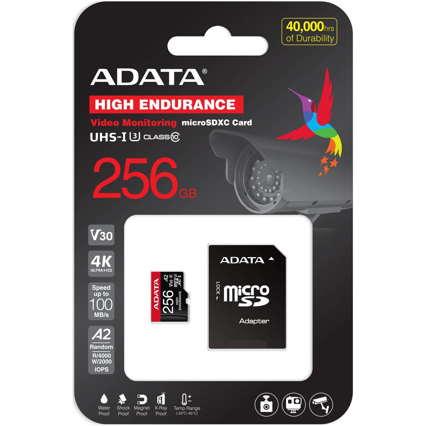 Adata High Endurance microSDXC Memory Card, 256Gb, Class 10 / UHS-1 U3, With Adapter AUSDX256GUI3V30SHA2-RA1