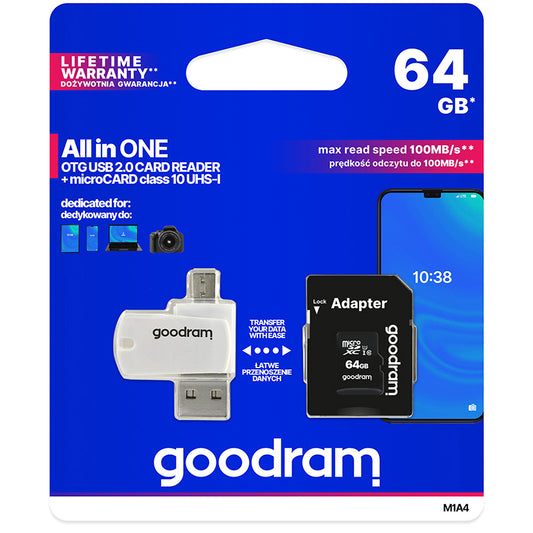 microSDXC Speicherkarte GoodRam, 64GB, Klasse 10 / UHS-1 U1, mit Kartenleser und Adapter M1A4-0640R12