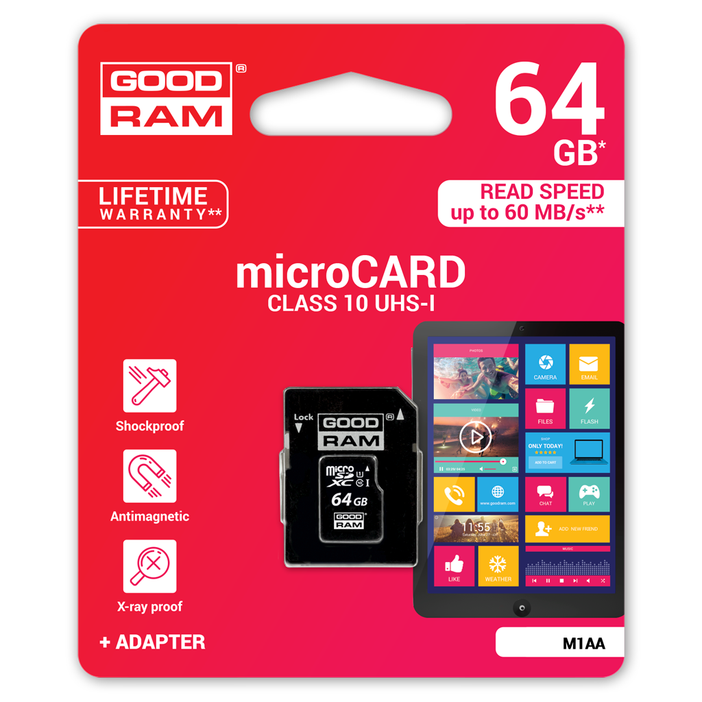 microSDXC Speicherkarte GoodRam, 64GB, Klasse 10 / UHS-1 U1, mit Adapter M1AA-0640R12