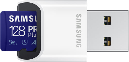Samsung PRO Plus microSDXC Speicherkarte, 128Gb, Klasse 10 / UHS-1 U3, mit Kartenleser und Adapter MB-MD128KB/WW