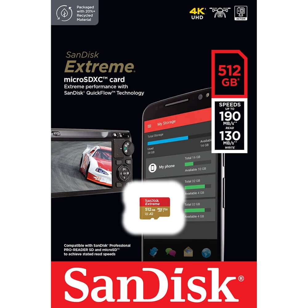 SanDisk Extreme microSDXC Speicherkarte, 512Gb, Klasse 10 / UHS-1 U3 SDSQXAV-512G-GN6MN
