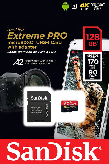 Speicherkarte microSDXC SanDisk Extreme Pro, 128Gb, Klasse 10 / UHS-1 U3, mit Adapter SDSQXCD-128G-GN6MA
