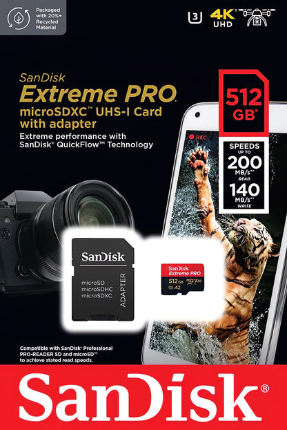 Speicherkarte microSDXC SanDisk Extreme Pro, 512Gb, Klasse 10 / UHS-1 U3, mit Adapter SDSQXCD-512G-GN6MA