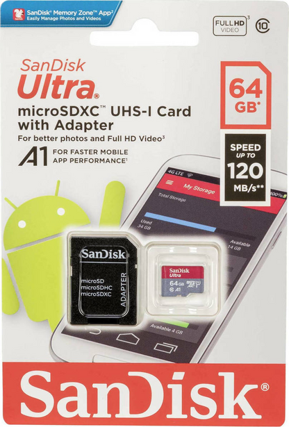 SanDisk Ultra Android A1 microSDXC Speicherkarte, 64Gb, Klasse 10 / UHS-1 U1, mit Adapter SDSQUAB-064G-GN6MA