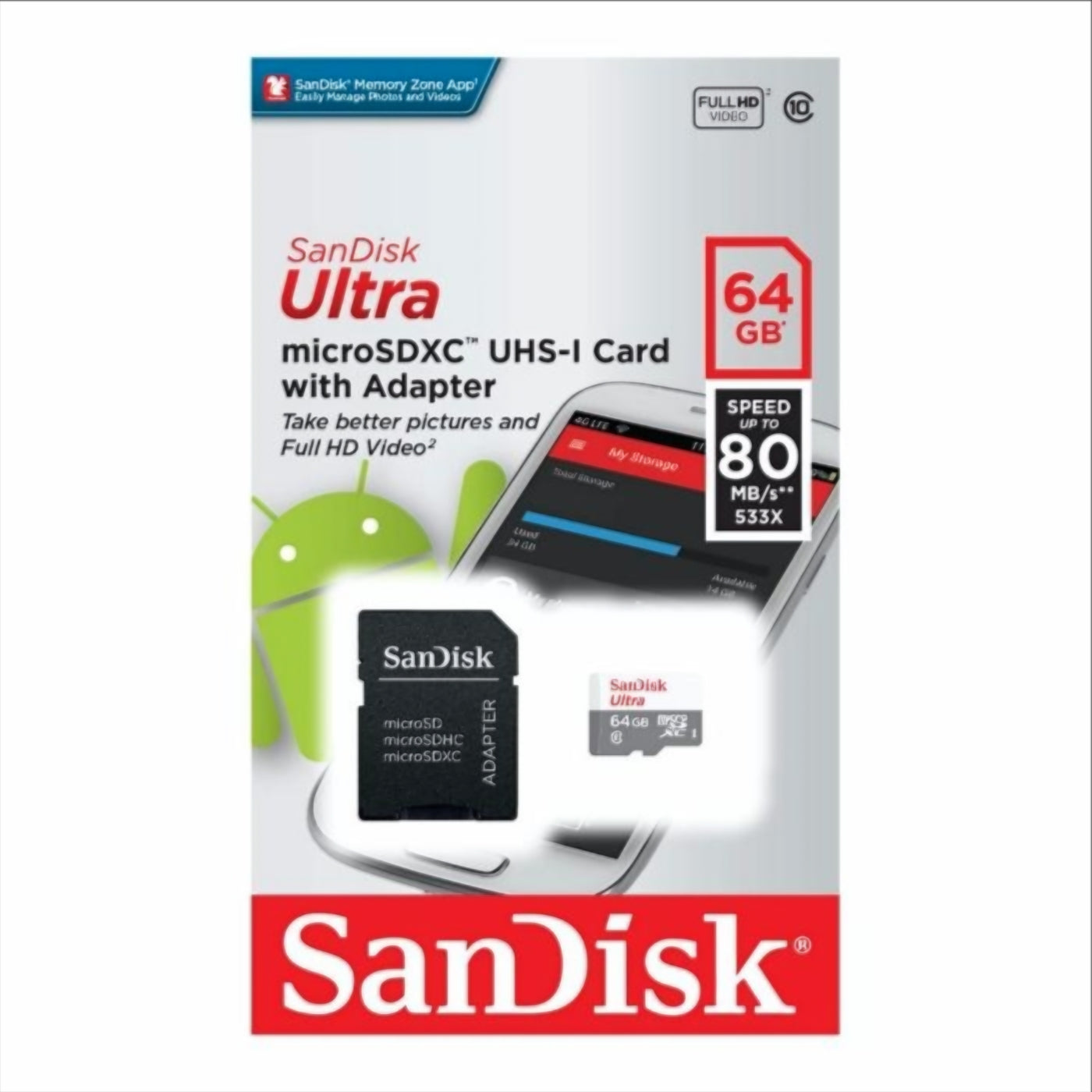 SanDisk Ultra microSDXC Speicherkarte, 64Gb, Klasse 10, mit Adapter SDSQUNR-064G-GN3MA
