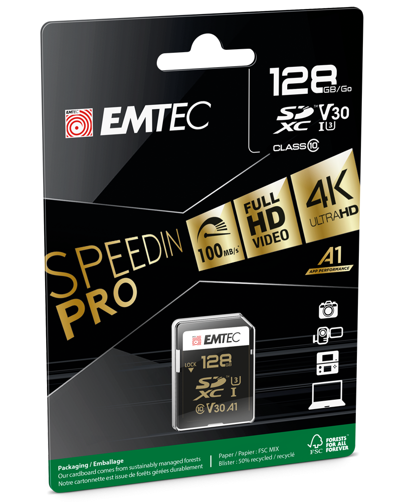 Emtec SpeedIn Pro SDXC Memory Card, 128Gb, Class 10 / UHS-1 U3 ECMSD128GXC10SP