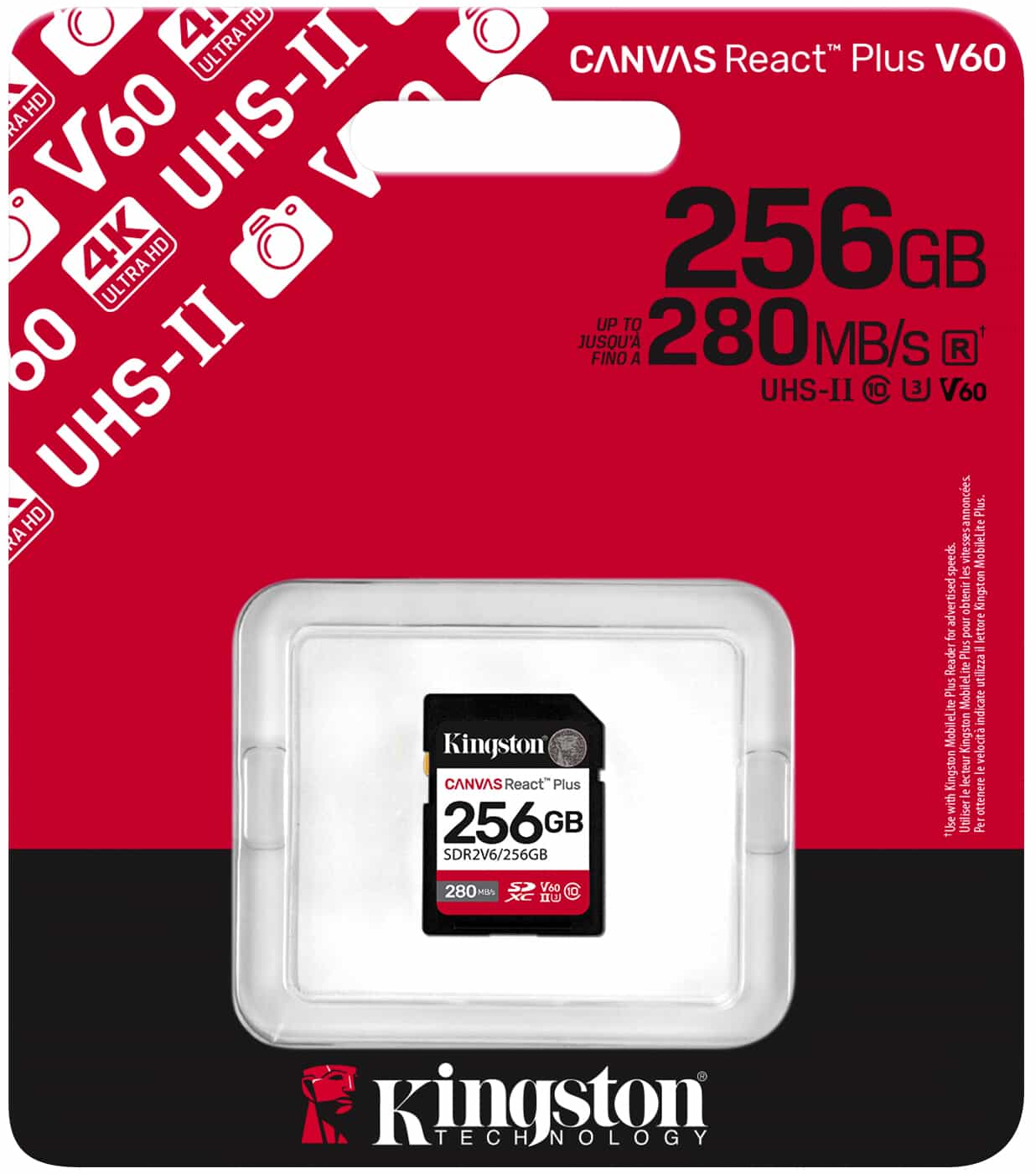 Speicherkarte SDXC Kingston Canvas React Plus, 256Gb, Klasse 10 / UHS-2 U3 SDR2V6/256GB