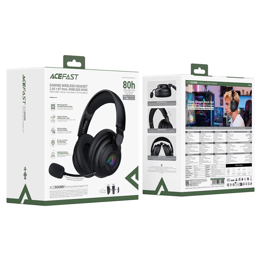 Acefast H15 Wireless Gaming-Kopfhörer, RGB, BT / Wi-Fi / Kabelgebunden, Schwarz