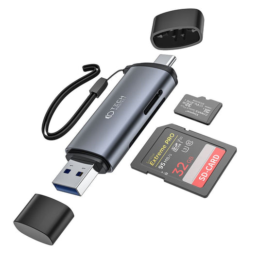 USB/USB-C Tech-Protect Kartenleser, SD – microSD, Grau