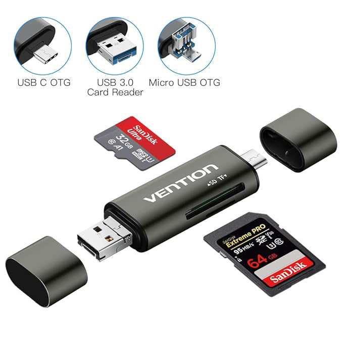 USB / USB-C / microUSB Kartenleser Vention, SD - microSD, Grau CCJH0