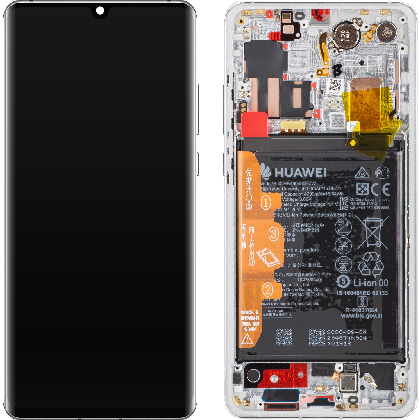 Huawei P30 Pro Touchscreen-Display, mit Rahmen und Akku, Silber (Silver Frost), Service Pack 02355MUR